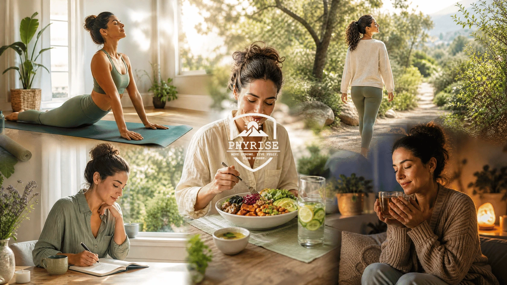 The image shows yoga, outdoor walking, nourishing food, journaling, mindfulness, and relaxing with herbal tea to represent a complete body-and-mind wellness routine